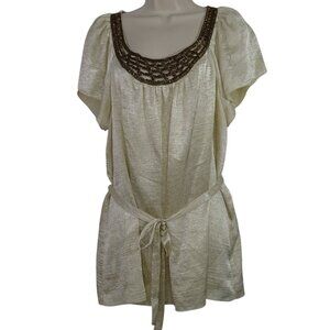 Cato Gold Tunic Blouse Woman Size 14W 16W Beaded Neckline Tie Waist Short Sleeve